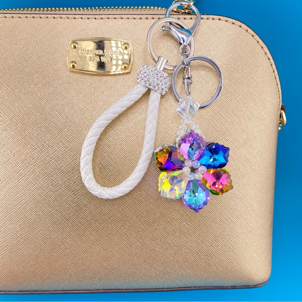 ✨Crystal Flower Sparkly Bling Bag Charm & Braided PU Leather Key Ring, Keychain